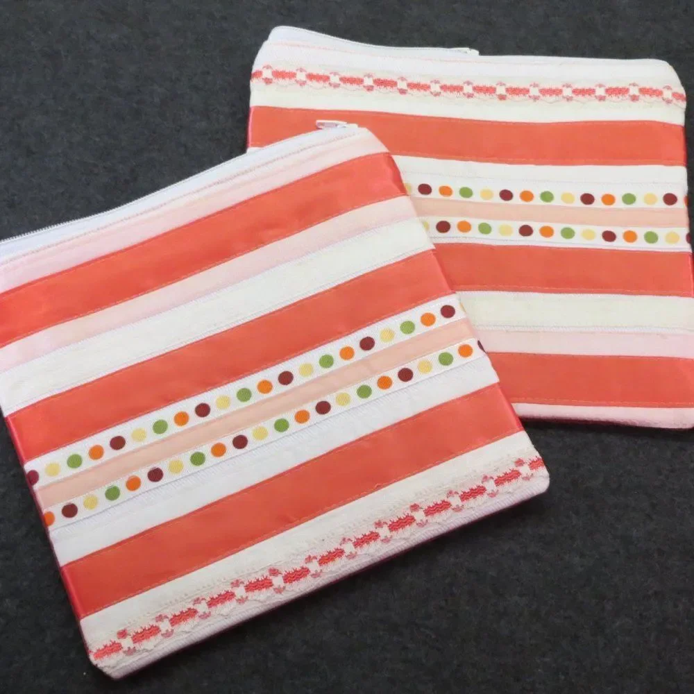 Coral Striped Zippered Pouch Makeup Bag Art Supply Storage Travel Tote NEW